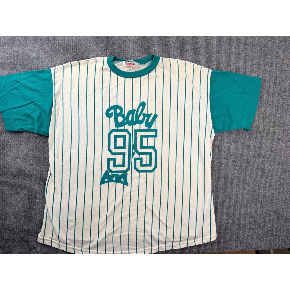 Vintage New Addition Maternity Shirt Large White Teal Pinstripe Baby 95 USA Made